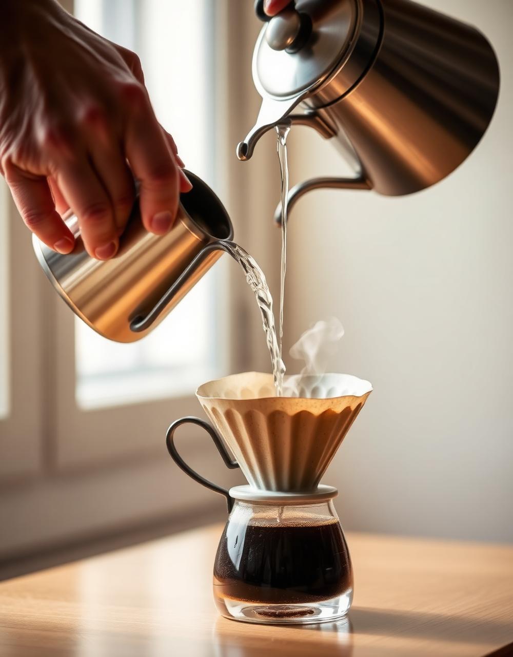 Hands pouring water into a V60